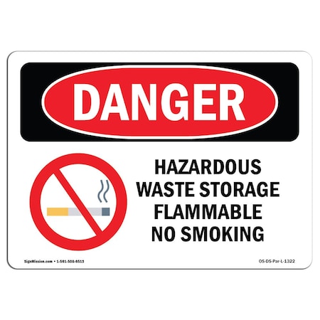 Signmission OSHA Sign, 10" H, 14" W, Rigid Plastic, Hazardous Waste Storage Flammable No Smoking, Landscape OS-DS-P-1014-L-1322